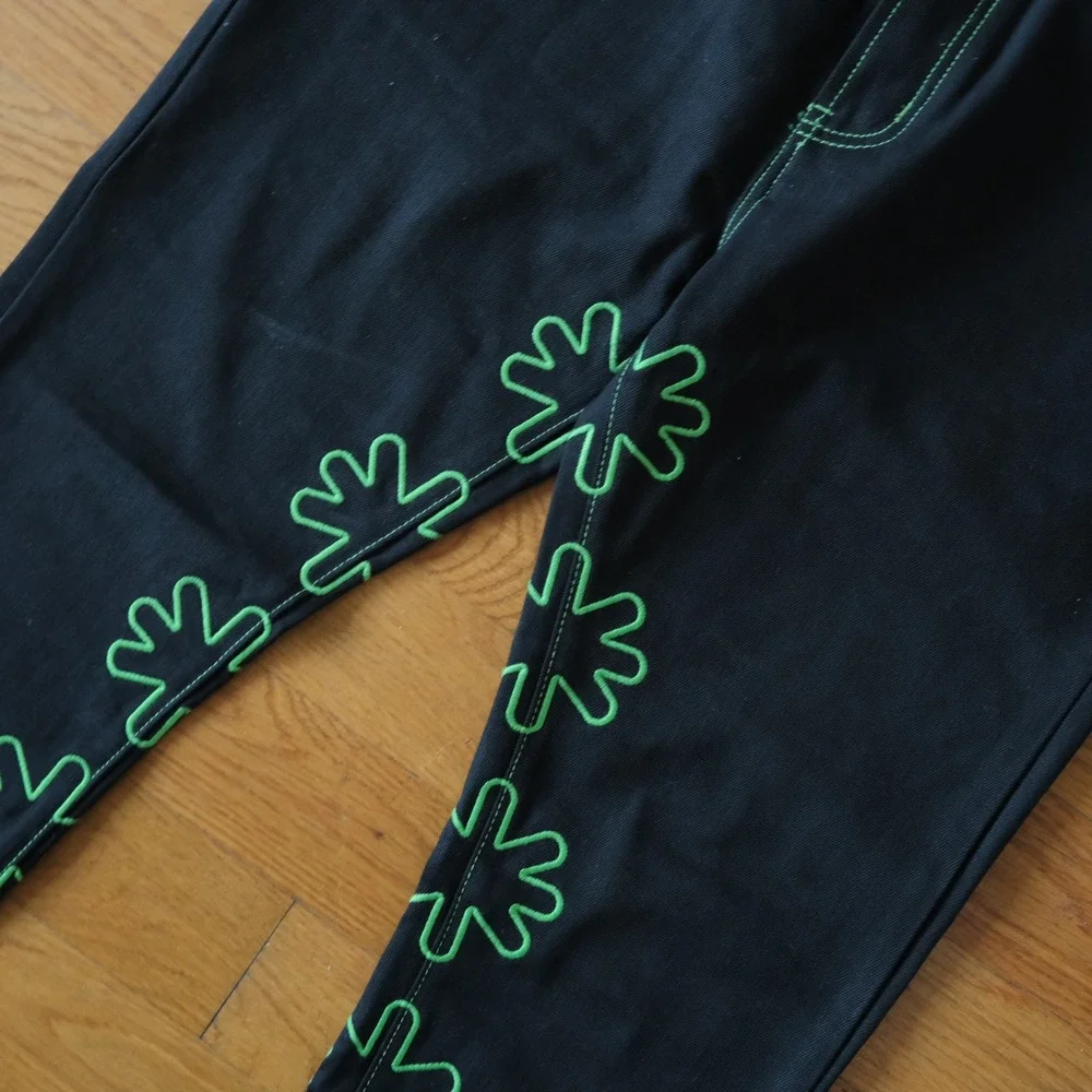 Lost SHDWS Green Outline Denim Jeans Mens Black Floral Streetwear 36 Straight